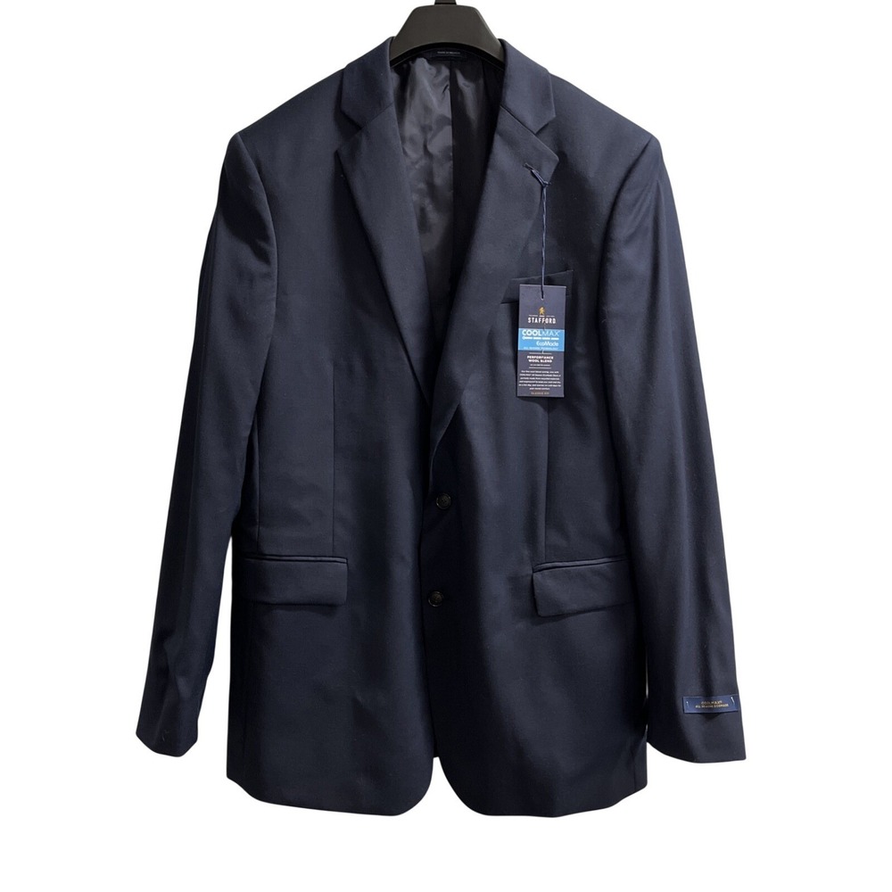 Stafford Blazer Mens 46L Navy Blue Wool Blend Coolmax Classic Fit Jacket Office